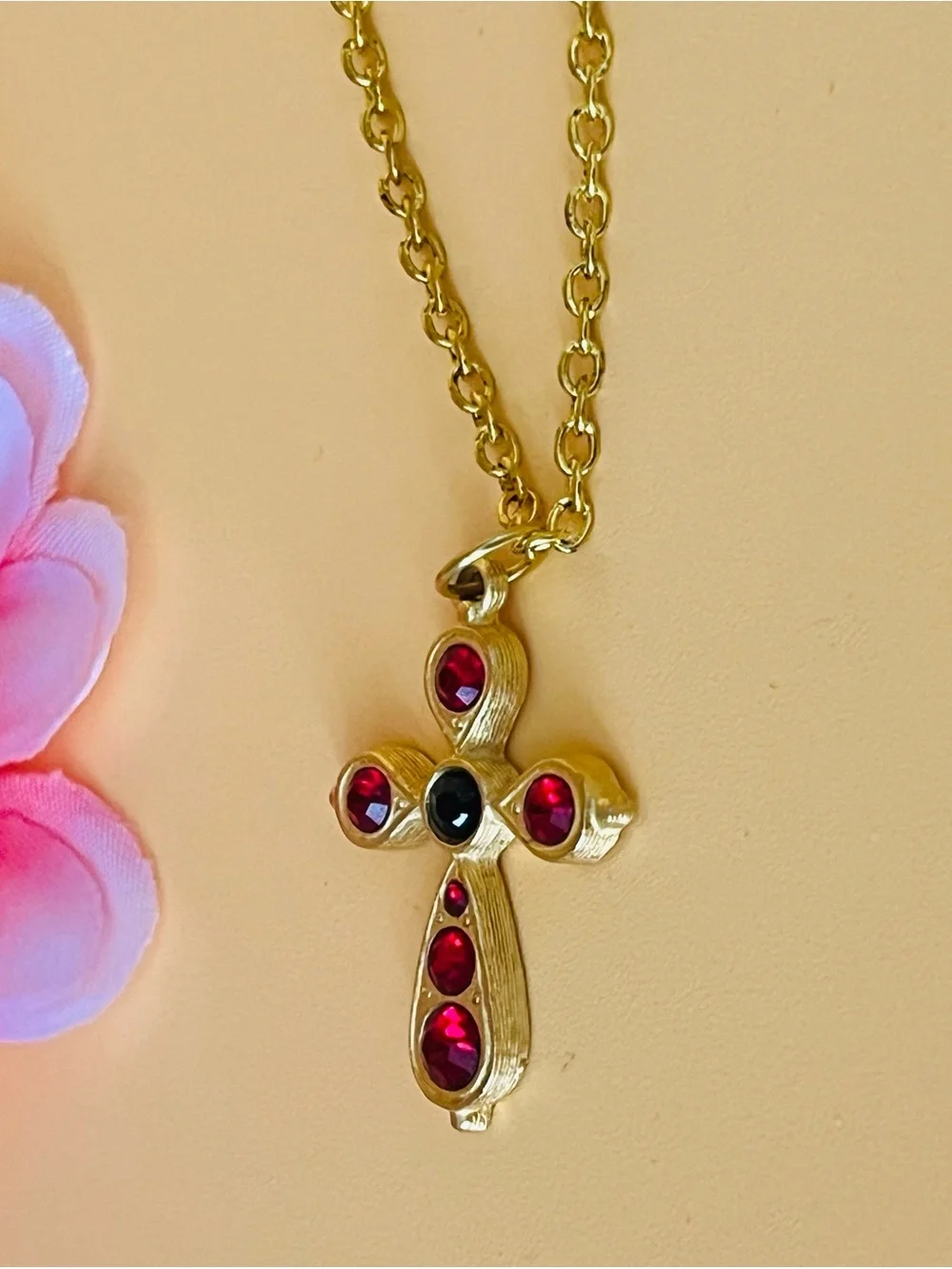 Gold Cross Pendant Necklace with Red Gemstones